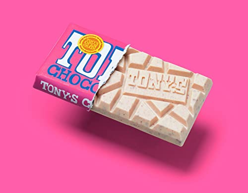 Tony's Chocolonely 28% White Chocolate Bar with Raspberry Popping Candy - Belgium Chocolate, No Artificial Flavoring, Fairtrade & B Corp Certified - 6.35 Oz