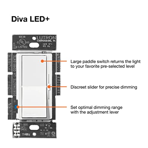 Lutron Diva LED+ Dimmer for Dimmable LED, Halogen and Incandescent Bulbs with Wallplate | 150W/Single-Pole or 3-Way | DVWCL-153PH-WH | White