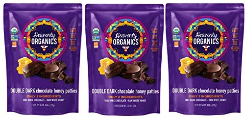 Heavenly Organics Double Dark Chocolate Honey Patties, 3 Bags- 12 single /bag -4.66oz (132g) Made with 100% Organic Cocoa and 100% Organic Raw White Honey; Non-GMO, Fair Trade, Kosher, Dairy & Gluten Free, No Sugar Added, Sweeten with Honey , Chemical , a