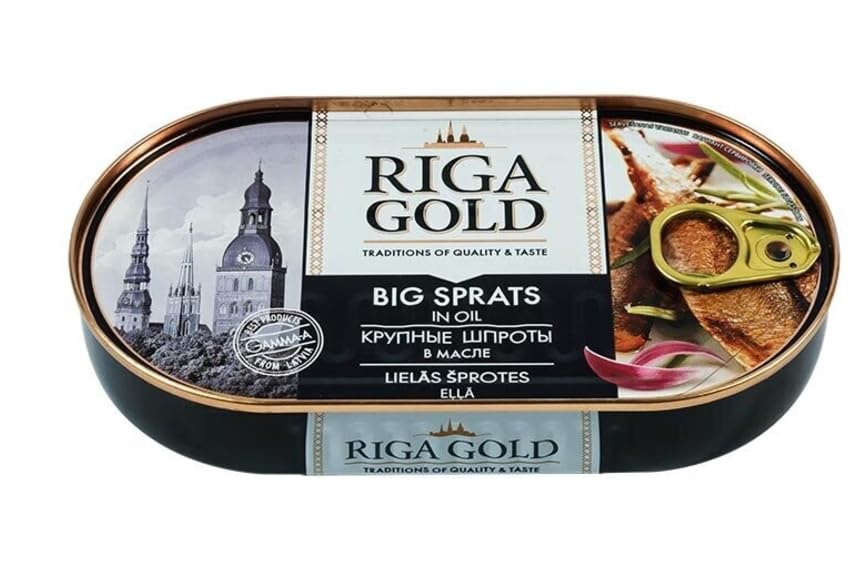 Riga Gold Smoked Sprats in Oil with Easy Opener - 190g (6.7 oz) Cans - Premium Quality, Pack of 6