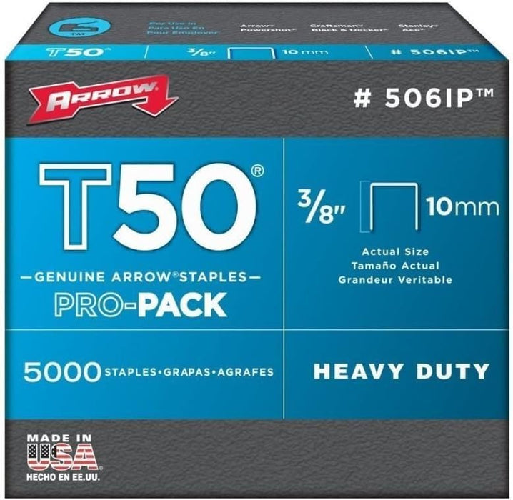 Arrow Fastener 506IP T50 3/8" Flat Crown Heavy Duty Steel Staples | 2 Pro-Pack Bundle | 10000 Total | 5000 Each Box