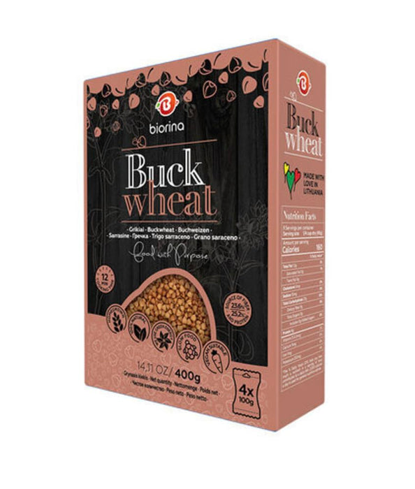 Biorina Buckwheat - Gluten-Free, Non-GMO Whole Grain, Rich in Protein & Fiber, 4 100g packets | Healthy Superfood 2 PACK