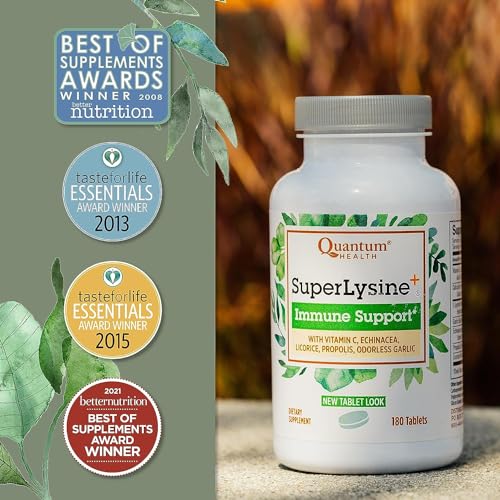 Quantum Health SuperLysine+ Advanced Formula Immune Support Supplement Lysine 1500 mg, Vitamin C Echinacea Licorice Bee Propolis & Odorless Garlic - 180 Tablets (Pack of 2)