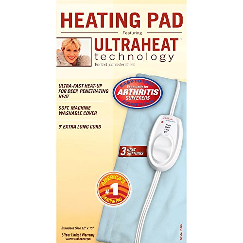 Sunbeam Heating Pad for Pain Relief | Standard Size Ultra Heat, 3 Heat Settings | Light Blue, 12 Inch x 15 Inch