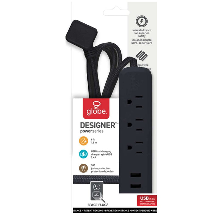 Globe Electric POWERSTRIP 3OUT 2USB BLK