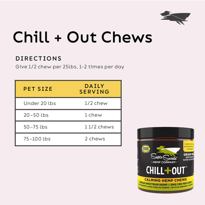 Super Snouts Chill + Out– 30 Soft Chews – Calming Chews for Dogs and Cats Help Maintain Your Pet’s Emotional Balance – Made in The USA