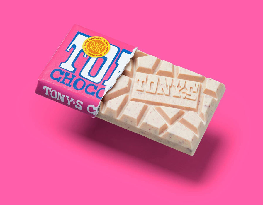 Tony's Chocolonely 28% White Chocolate Bar with Raspberry Popping Candy - Belgium Chocolate, No Artificial Flavoring, Fairtrade & B Corp Certified - 6.35 Oz