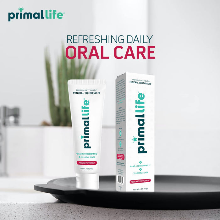 Primal Life Organics Premium Dirty Mouth Mineral Toothpaste - Nano-Hydroxyapatite, Colloidal Silver, Charcoal - Organic, All Natural Whitening Formula (Peppermint Flavor, 4 Oz)