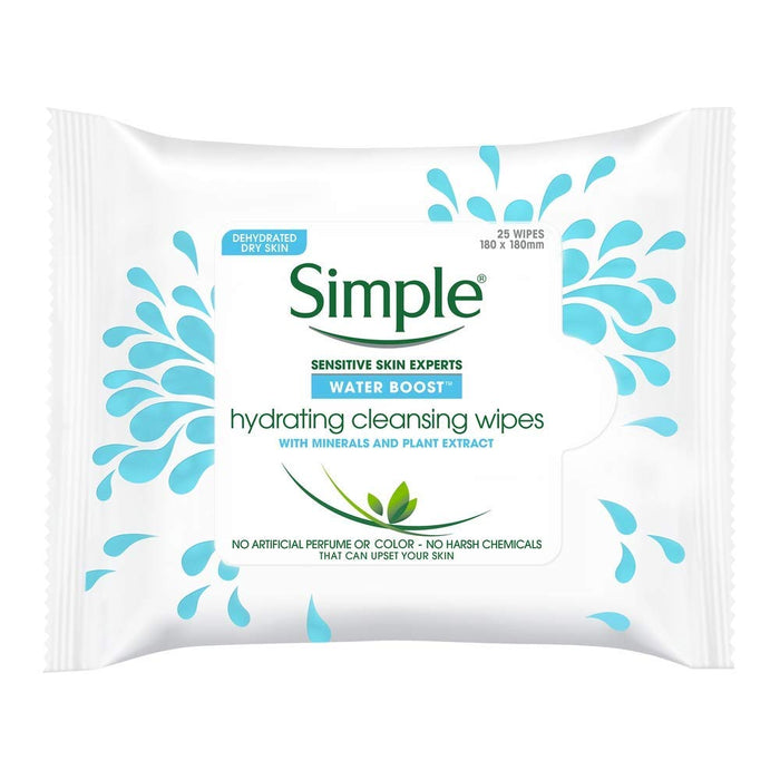 Simple Water Boost Cleansing Wipes Hydrating Makeup Remover For Sensitive Skin, 25 Count (Pack Of 3)