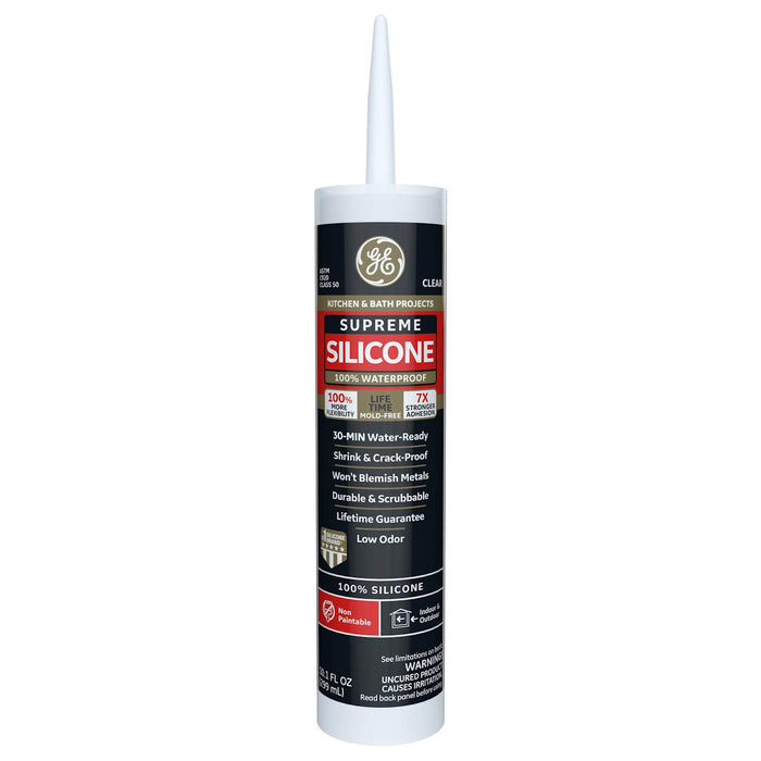 GE Supreme Silicone Caulk for Kitchen & Bathroom - 100% Waterproof Silicone Sealant, 7X Stronger Adhesion, Shrink & Crack Proof - 10 oz Cartridge, Clear, Pack of 1