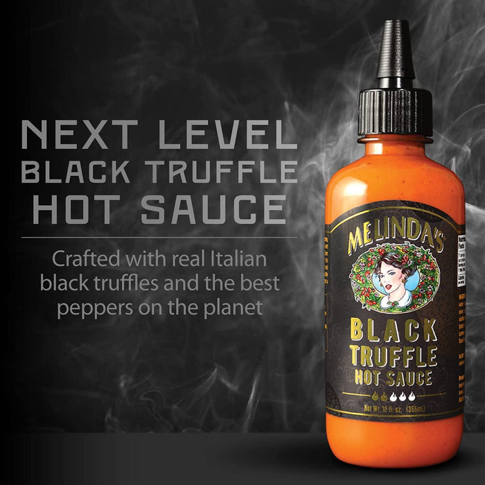 Melinda's Black Truffle Bundle: 24 fl oz Black Truffle Hot Sauce | 2 Pack | & 1-8" Red Babecue Basting Brush