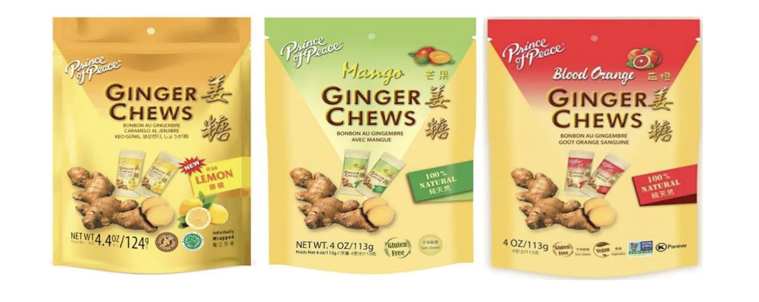 Variety Pack of Prince of Peace Ginger Chews, 4 oz each, Featuring Three Flavors: Lemon, Mango, and Blood Orange - 100% Natural, Gluten Free