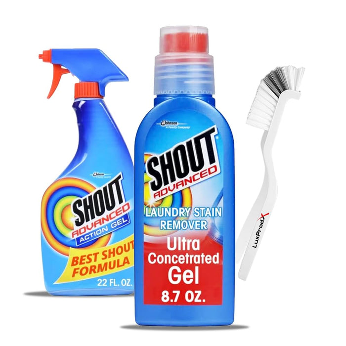 Shout Advanced Acting Gel Laundry Stain Remover, 22 Ounce bottle bundled with Advanced Ultra Concentrated Gel Brush, 8.7 Ounce AND brush for easier stain removal + LuxProdX Sticker