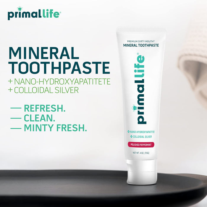 Primal Life Organics Premium Dirty Mouth Mineral Toothpaste - Nano-Hydroxyapatite, Colloidal Silver, Charcoal - Organic, All Natural Whitening Formula (Peppermint Flavor, 4 Oz)