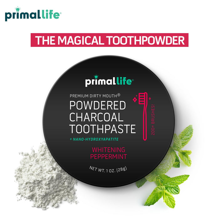 Primal Life Organics - Dirty Mouth Toothpowder, Activated Charcoal Tooth Cleaning Powder, Essential Oils with Kaolin & Bentonite Clay, Good for 200+ Brushings, Organic, Vegan (Black Peppermint, 1 oz)