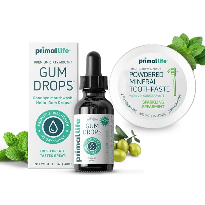 Primal: Life!!! Organics - Dirty Mouth Gum Serum, Natural Essential Oils, Promotes Good Breath, Gentle Mouthwash AND Dirty Mouth Toothpowder, Tooth Cleaning Powder, Spearmint, 1 oz + LuxProdX Sticker