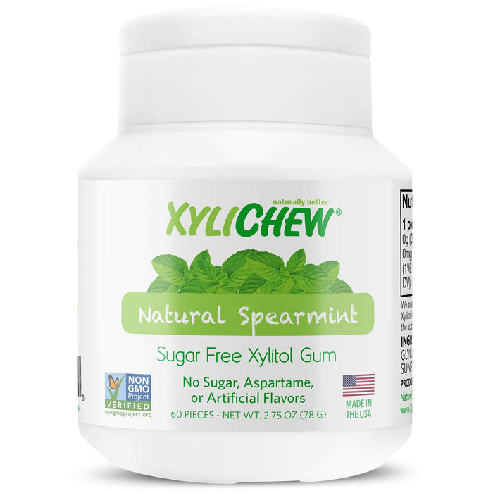 Xylichew 100% Xylitol Chewing Gum Jars - Non GMO, Gluten, Aspartame, and Sugar Free Gum - Natural Oral Care, Relieves Bad Breath and Dry Mouth - Spearmint, 60 Count (Pack of 4)