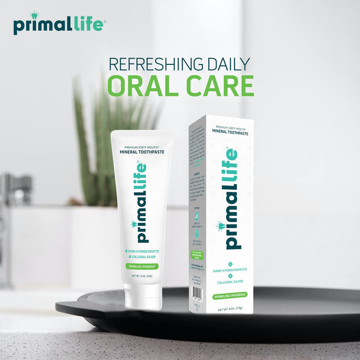 Primal Life Organics Premium Dirty Mouth Mineral Toothpaste - Nano-Hydroxyapatite, Colloidal Silver, Charcoal - Organic, All Natural Whitening Formula (Spearmint Flavor, 4 Oz)