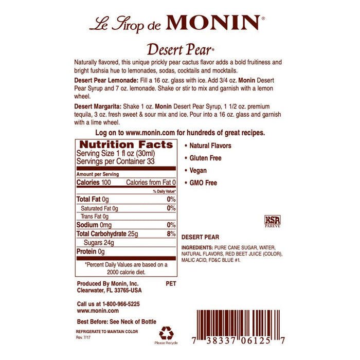 Monin - Desert Pear Syrup, Bold Flavor of Prickly Pear Cactus, Natural Flavors, Great for Iced Teas, Lemonades, Cocktails, Mocktails, and Sodas, Non-GMO, Gluten-Free (1 Liter, 2-Pack)