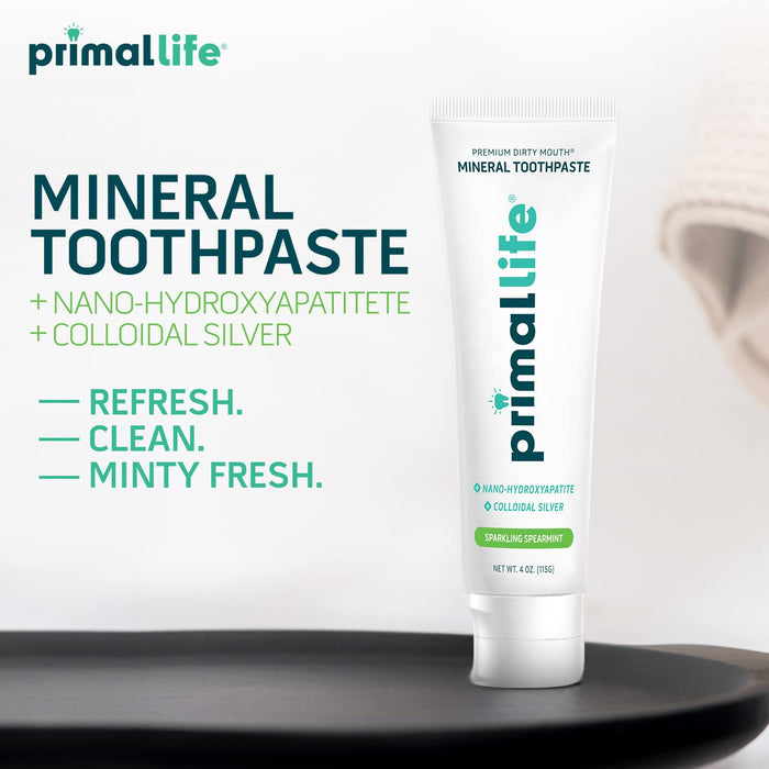 Primal Life Organics Premium Dirty Mouth Mineral Toothpaste - Nano-Hydroxyapatite, Colloidal Silver, Charcoal - Organic, All Natural Whitening Formula (Spearmint Flavor, 4 Oz)