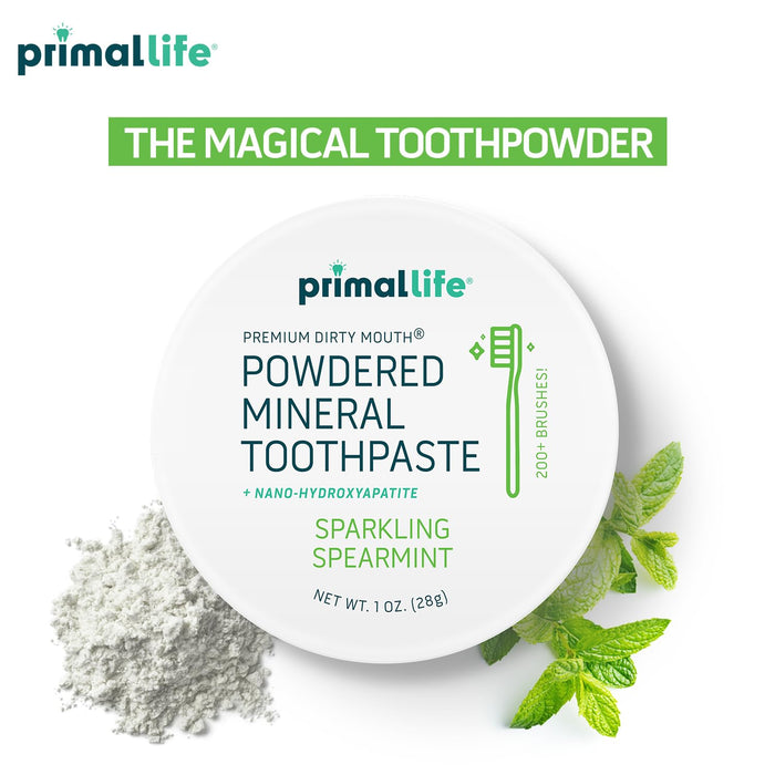 Primal Life Organics - Dirty Mouth Toothpowder, Tooth Cleaning Powder, Flavored Essential Oils with Natural Kaolin & Bentonite Clay, Good for 200+ Brushings, Paleo, Organic, Vegan (Spearmint, 1 oz)