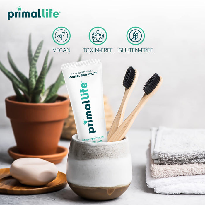 Primal Life Organics Premium Dirty Mouth Mineral Toothpaste - Nano-Hydroxyapatite, Colloidal Silver, Charcoal - Organic, All Natural Whitening Formula (Spearmint Flavor, 4 Oz)