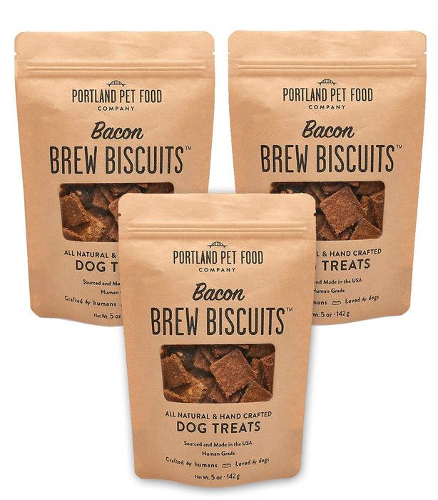 CRAFTED BY HUMANS LOVED BY DOGS Portland Pet Food Company Brew Biscuit Dog Treats (3 x 5 oz Bags Multipack) – Bacon Flavor –All Natural, Human-Grade, USA-Sourced and Made