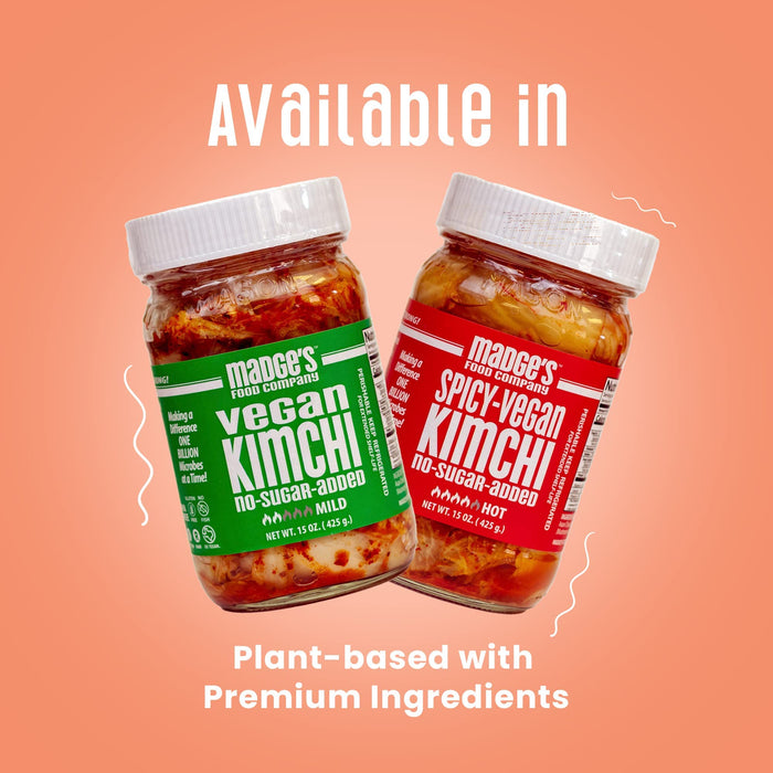 Madge's Food Traditional Vegan Kimchi Made from Napa Cabbage, Contains Probiotics, Gut Enzymes & Fermented Longer for Increased Health Benefits, No Sugar Added, Mild, 15oz