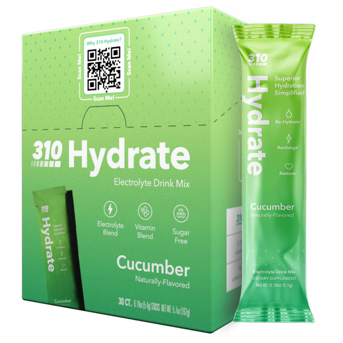 310 Hydrate Cucumber Electrolytes Powder Packets - No Sugar Hydration Packets with Key Vitamins & Minerals - Keto Friendly - Tasty Sugar Free Electrolyte Drink - 30 Single Servings