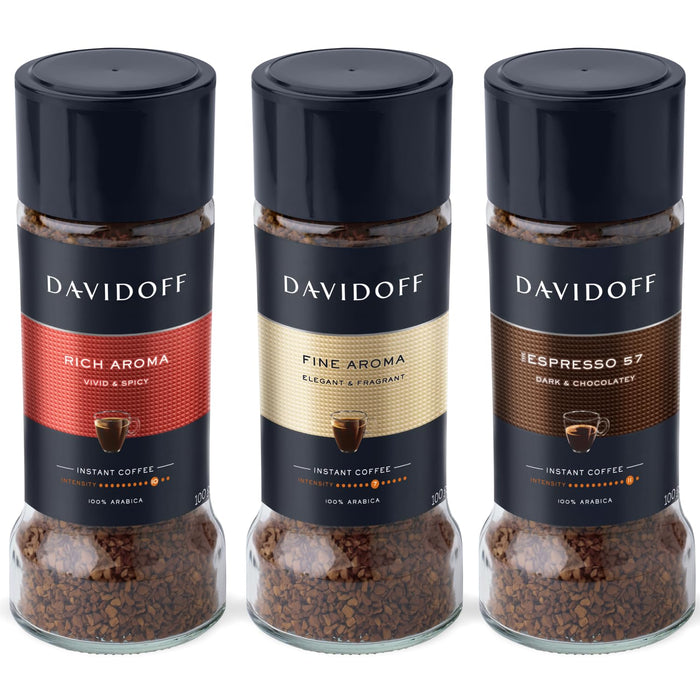 DAVIDOFF Instant Coffee Trio - Rich Aroma, Fine Aroma and Espresso 57 Bundle - 100% Arabica Beans - Roasted for a Spicy Richness, Fragrant Elegance, and Chocolatey Depth, 3 x 3.52 oz