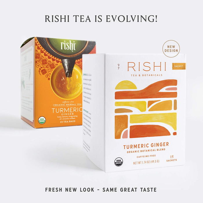 Rishi Tea Turmeric Ginger - Caffeine Free, Herbal Tea Bags, Ginger Turmeric Tea Bags, USDA Certified Organic, Turmeric and Ginger Tea, w/ Lemon, For 8-10 Oz Tea - 15 Sachets in Each, 2-Pack