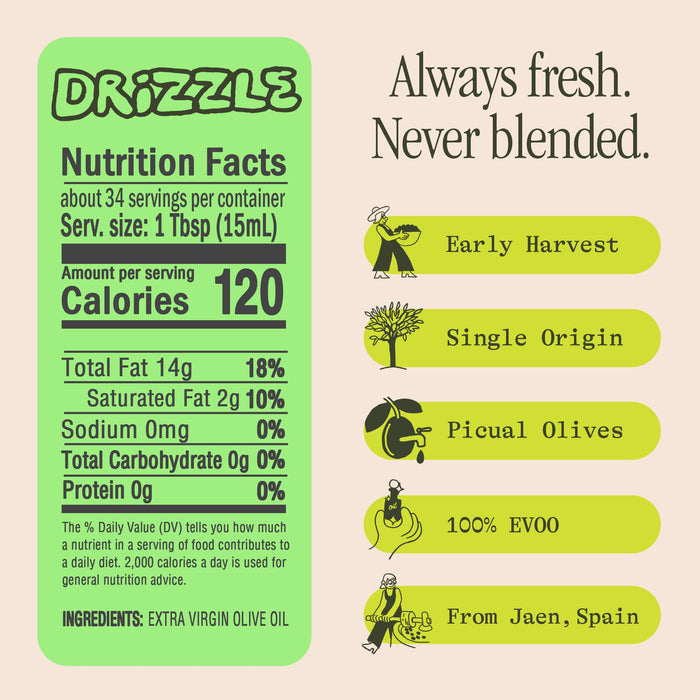 Graza Drizzle Extra Virgin Olive Oil, Finishing Oil - High Polyphenol Early Harvest EVOO Finishing Oil in a Squeeze Bottle - Single Origin Olive Oils from Spain - 16.9 Fl Oz (500ml)