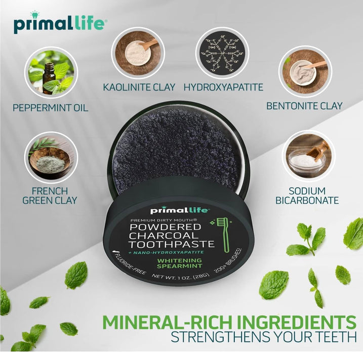 2 Pack of Primal: Life Organics! - Dirty Mouth Toothpowder, Activated Charcoal Tooth Cleaning Powder, Essential Oils with Kaolin & Bentonite Clay, Organic, Whitening Spearmint, 1 oz +LuxProdX Sticker