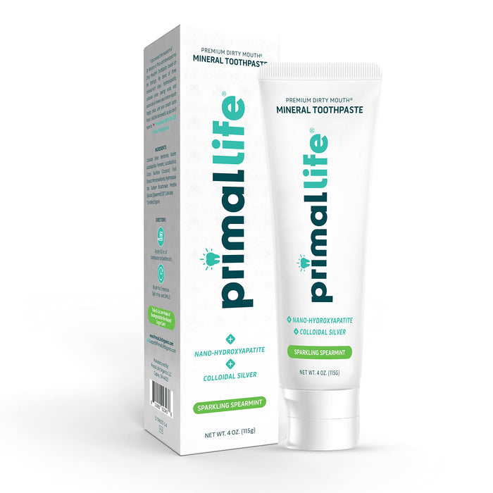 Primal Life Organics Premium Dirty Mouth Mineral Toothpaste - Nano-Hydroxyapatite, Colloidal Silver, Charcoal - Organic, All Natural Whitening Formula (Spearmint Flavor, 4 Oz)