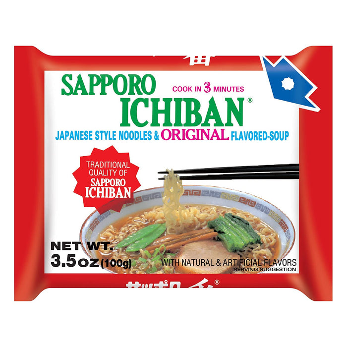 stickerless New [SAPPORO ICHIBAN] Ramen Noodles, Original Soy Sauce Flavor, No.1 Tasting Japanese Instant Noodles (3.5 Oz) (24 pouches)