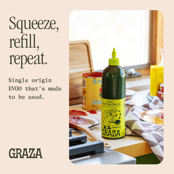 Graza Sizzle Extra Virgin Olive Oil, Cooking Oil - High Polyphenol Peak Harvest EVOO Cooking Oil in a Squeeze Bottle - Single Origin Olive Oils from Spain - 25.3 Fl Oz (750ml)