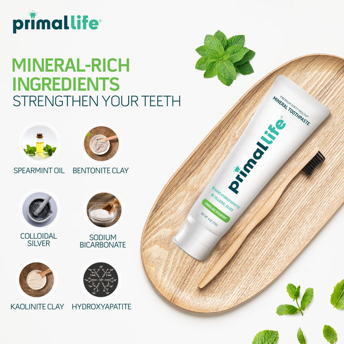 Primal Life Organics Premium Dirty Mouth Mineral Toothpaste - Nano-Hydroxyapatite, Colloidal Silver, Charcoal - Organic, All Natural Whitening Formula (Spearmint Flavor, 4 Oz)