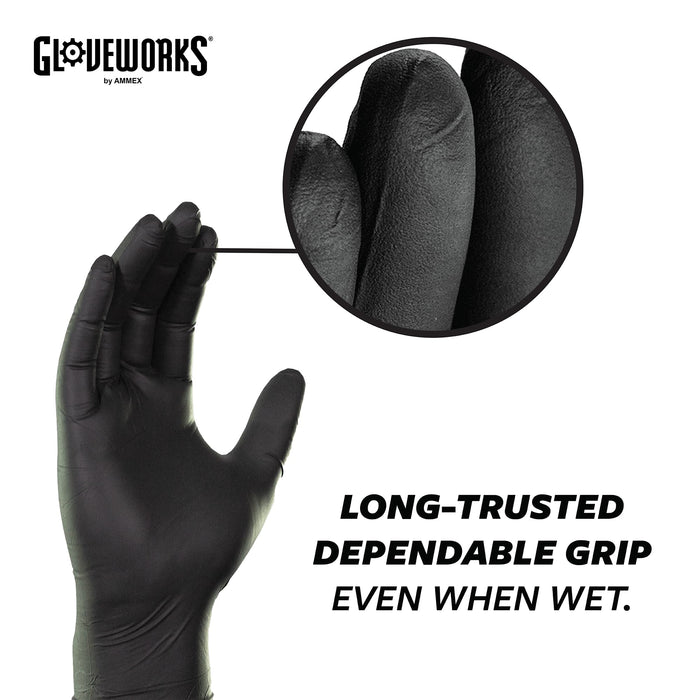 GLOVEWORKS Black Disposable Nitrile Industrial Gloves, 5 Mil, Latex & Powder-Free, Food-Safe, Textured, Large, Box of 100