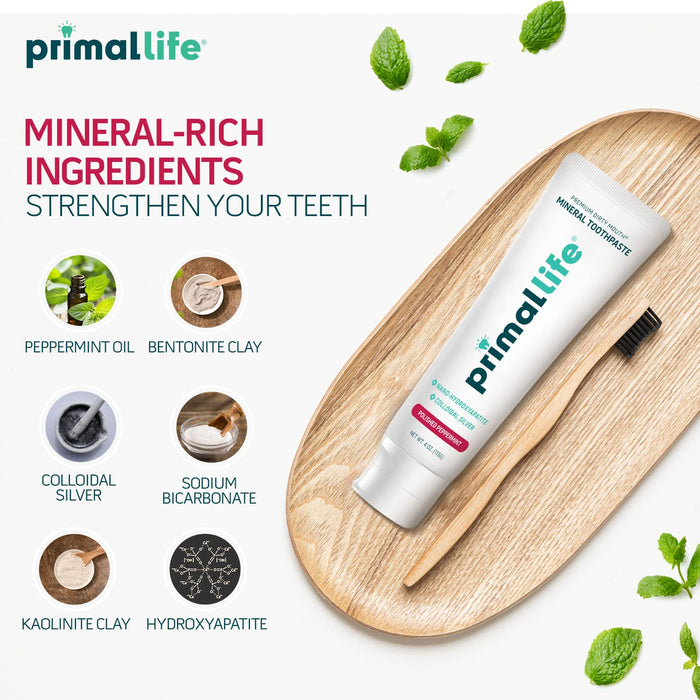 Primal Life Organics Premium Dirty Mouth Mineral Toothpaste - Nano-Hydroxyapatite, Colloidal Silver, Charcoal - Organic, All Natural Whitening Formula (Peppermint Flavor, 4 Oz)