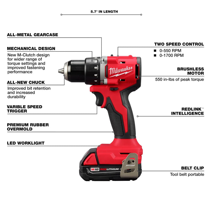 Milwaukee 3692-22CT M18 Compact Brushless 2-Tool Combo Kit: Drill Driver/Impact Driver (New Gen Kit)