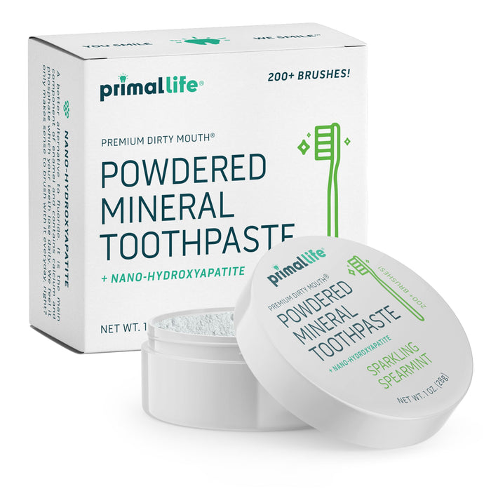 Primal Life Organics - Dirty Mouth Toothpowder, Tooth Cleaning Powder, Flavored Essential Oils with Natural Kaolin & Bentonite Clay, Good for 200+ Brushings, Paleo, Organic, Vegan (Spearmint, 1 oz)