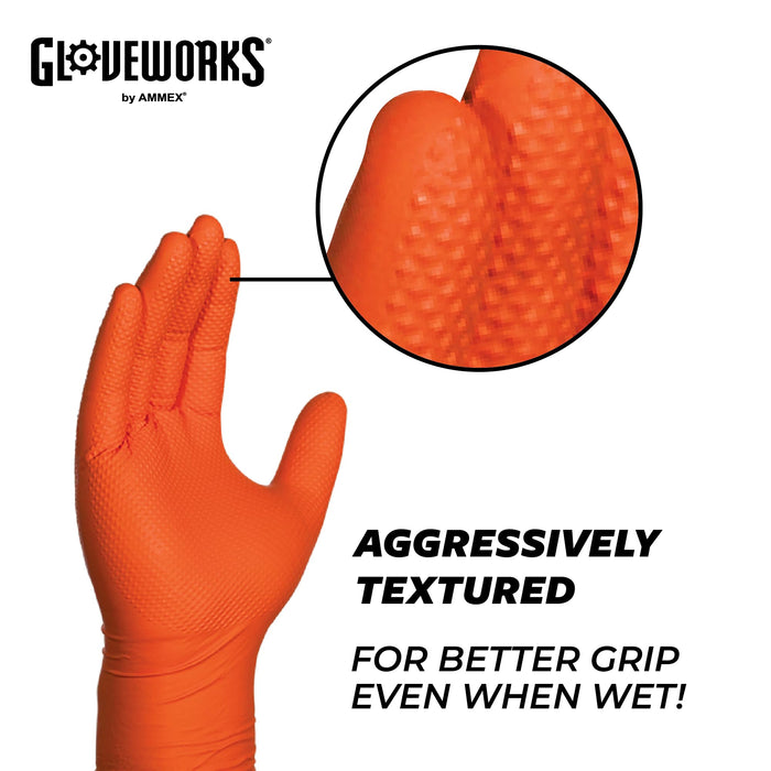 GLOVEWORKS HD Orange Nitrile Industrial Disposable Gloves, 8 Mil, Latex-Free, Raised Diamond Texture, XX-Large, Box of 100