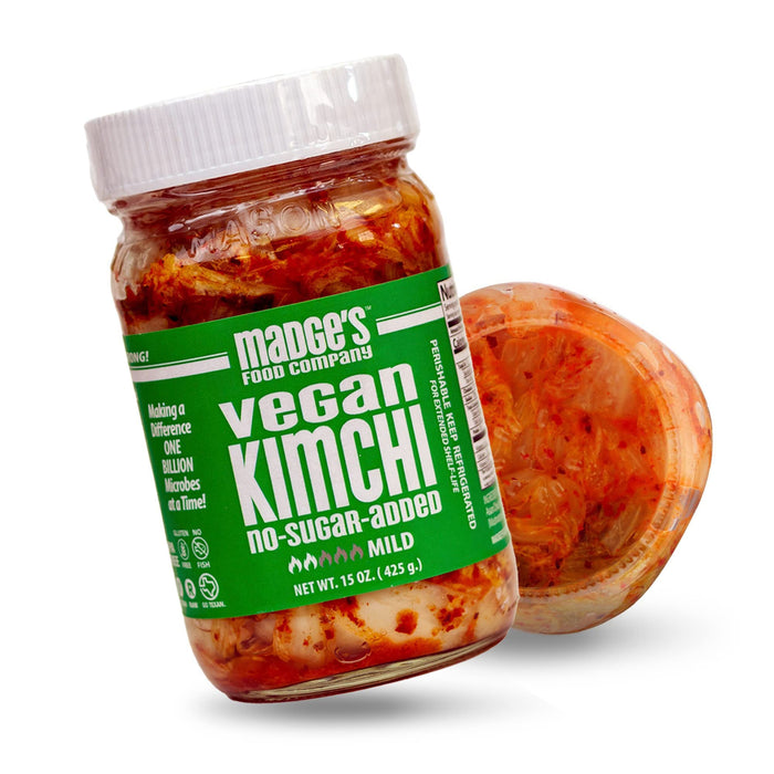 Madge's Food Traditional Vegan Kimchi Made from Napa Cabbage, Contains Probiotics, Gut Enzymes & Fermented Longer for Increased Health Benefits, No Sugar Added, Mild, 15oz