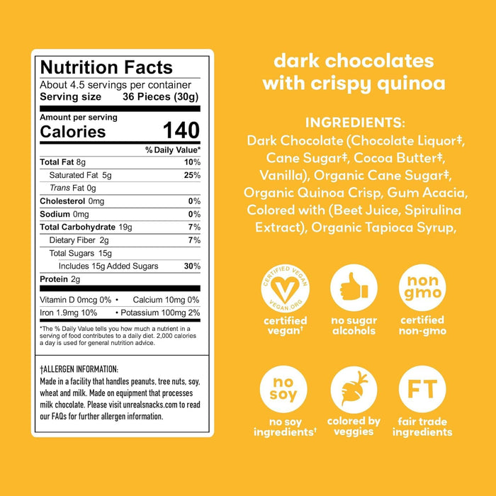 Unreal Dark Chocolate with Crispy Quinoa, Zero Sugar Alcohols, Non-GMO, 5 Oz (Pack of 3)