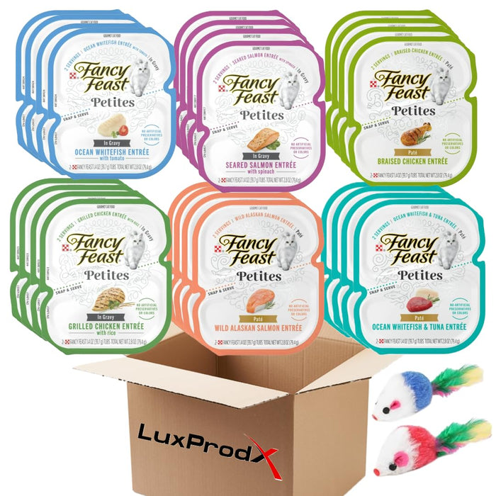 LuxProdX Fancy Feast!!! Gourmet Petites in Gravy Wet Cat Food Variety 6 Flavor Pack / 24 Servings/Chicken, Ocean Whitefish & Tuna and Salmon and 2 CAT Toys Sticker!!!