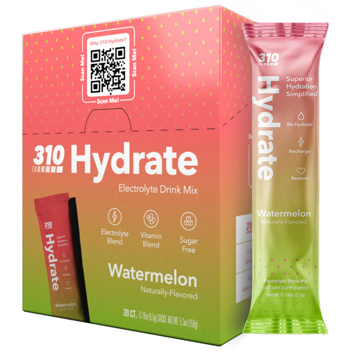 310 Hydrate Watermelon Electrolytes Powder Packets - No Sugar Hydration Packets with Key Vitamins & Minerals - Keto Friendly - Tasty Sugar Free Electrolyte Drink - 30 Single Servings