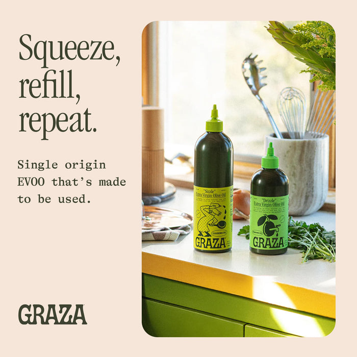 Graza Extra Virgin Olive Oil Variety Pack, Sizzle & Drizzle - High Polyphenol Peak Harvest EVOO Cooking & Finishing Oil in a Squeeze Bottle - Single Farm Olives from Spain