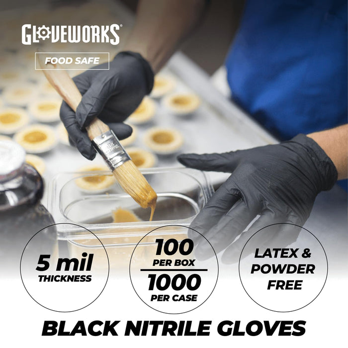 GLOVEWORKS Black Disposable Nitrile Industrial Gloves, 5 Mil, Latex & Powder-Free, Food-Safe, Textured, Large, Box of 100