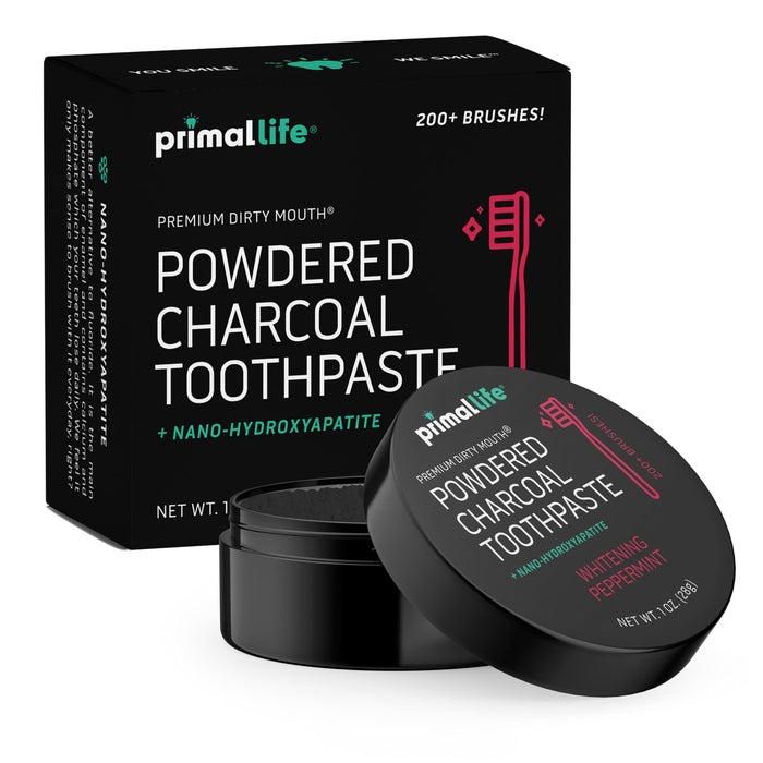 Primal Life Organics - Dirty Mouth Toothpowder, Activated Charcoal Tooth Cleaning Powder, Essential Oils with Kaolin & Bentonite Clay, Good for 200+ Brushings, Organic, Vegan (Black Peppermint, 1 oz)