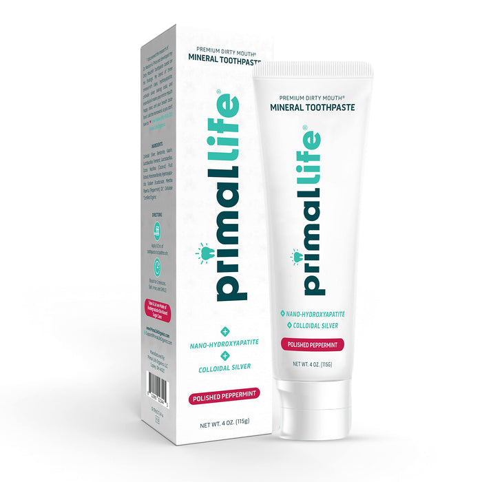 Primal Life Organics Premium Dirty Mouth Mineral Toothpaste - Nano-Hydroxyapatite, Colloidal Silver, Charcoal - Organic, All Natural Whitening Formula (Peppermint Flavor, 4 Oz)